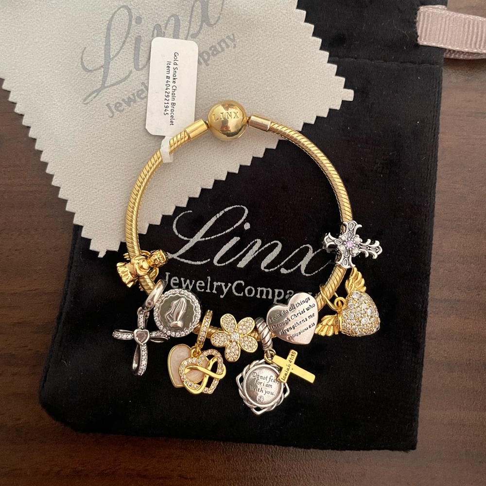 Linx Yellow Gold Snake Chain Bracelet with Religious Themed Charms